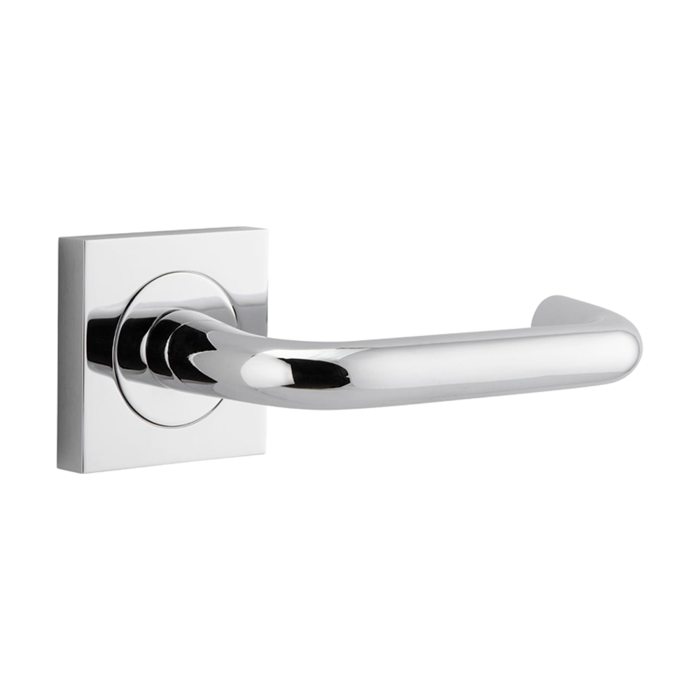 Pair of Iver Oslo Lever handles on square rose, architectural hardware with sleek, modern design for doors.
