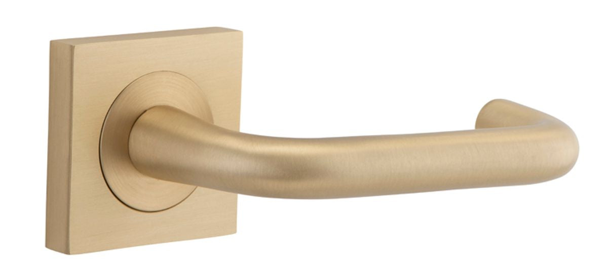 Pair of Iver Oslo Lever on Square Rose architectural hardware, featuring modern lever handles on square rose plates.