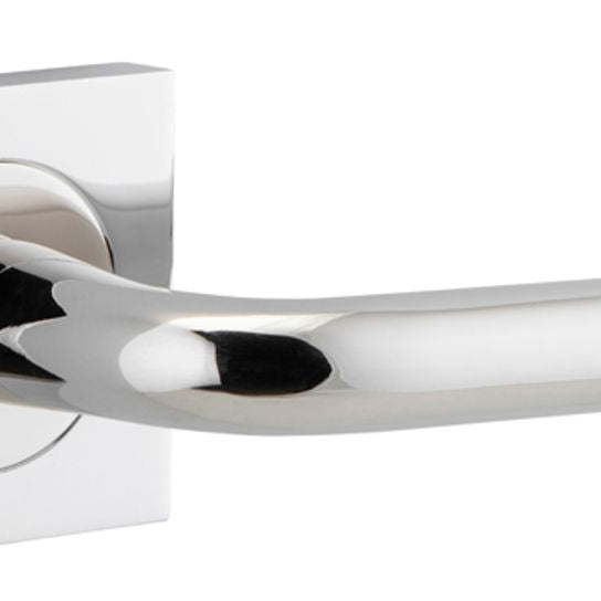 Pair of Iver Oslo lever handles on square rose for architectural hardware, featuring sleek metal finish and modern design.