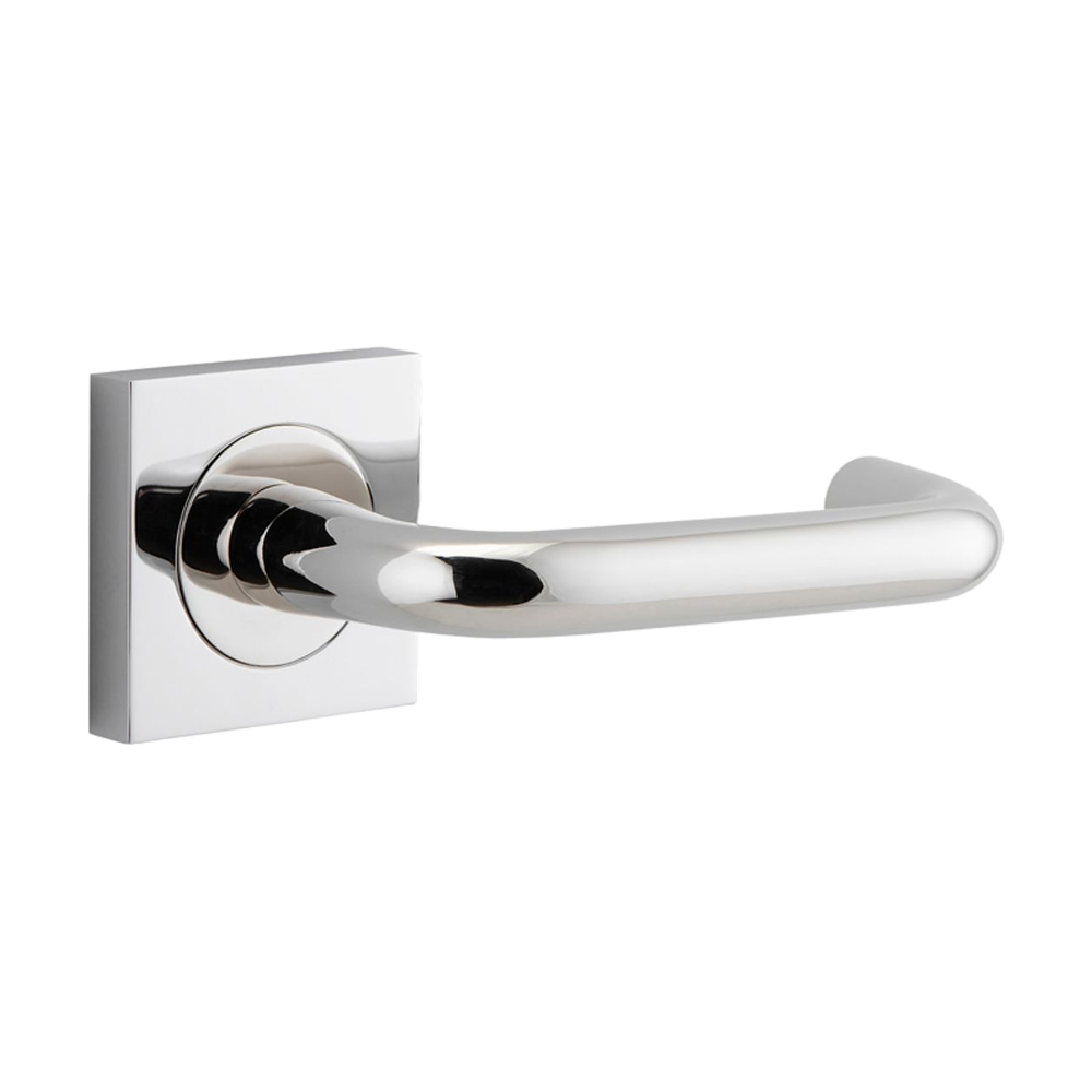Pair of Iver Oslo Lever on Square Rose architectural hardware, polished metal handles with square rose mounts.