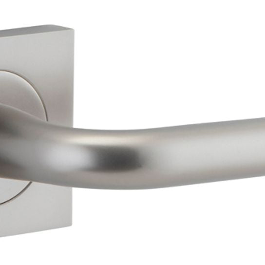 Pair of Iver Oslo Lever on Square Rose architectural hardware, showcasing sleek metal handles with square rose bases.