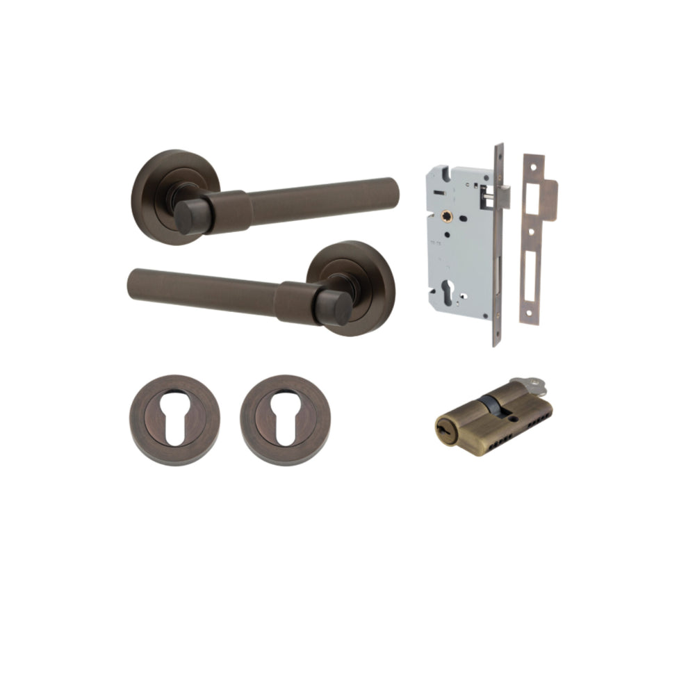 Door Lever Helsinki Round Rose Signature Brass D52xP44mm Entrance Kit, Mortice Lock Euro Signature Brass CTC85mm Backset 60mm, Euro Cylinder Dual Function 5 Pin Signature Brass L65mm KA1, Escutcheon Euro Concealed Fix Round Pair Signature Brass D52… in Signature Brass