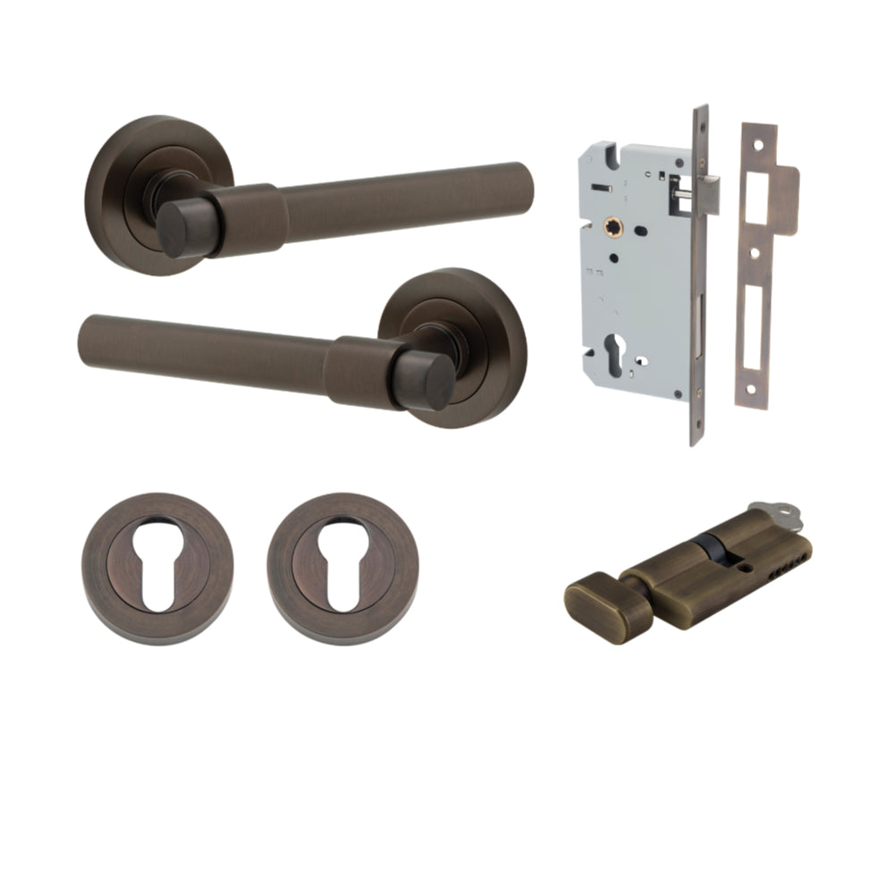 Door Lever Helsinki Round Rose Signature Brass D52xP44mm Entrance Kit, Mortice Lock Euro Signature Brass CTC85mm Backset 60mm, Euro Cylinder Key Thumb 6 Pin Signature Brass L70mm KA1, Escutcheon Euro Concealed Fix Round Pair Signature Brass D52xP10mm in Signature Brass