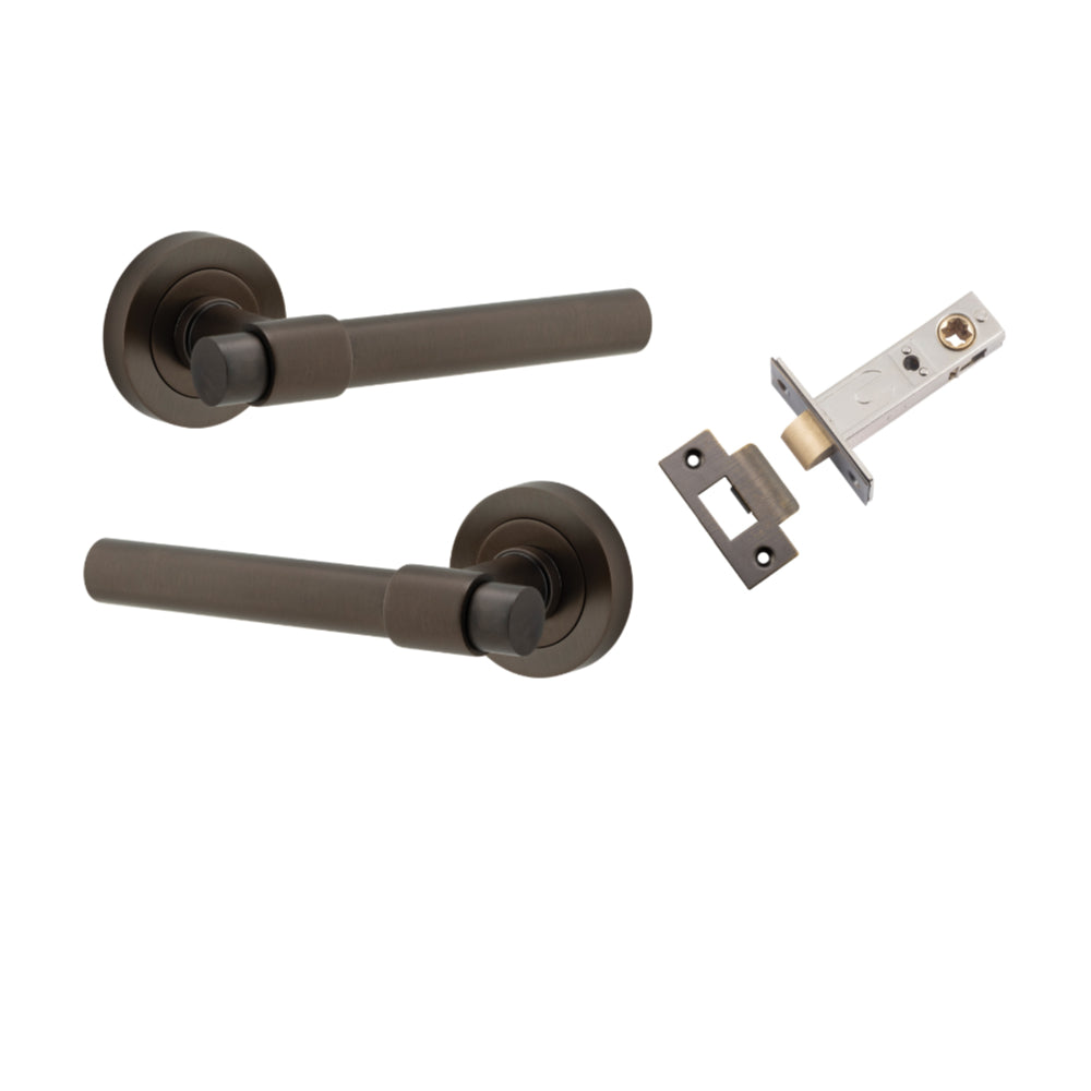 Door Lever Helsinki Round Rose Signature Brass D52xP44mm Passage Kit, Tube Latch Split Cam 'T' Striker Signature Brass Backset 60mm in Signature Brass