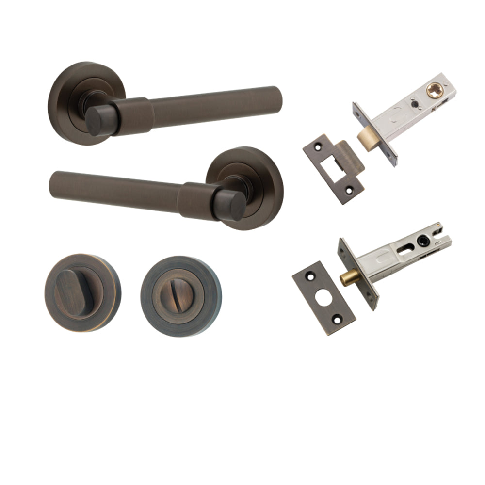 Door Lever Helsinki Round Rose Signature Brass D52xP44mm Privacy Kit, Tube Latch Split Cam 'T' Striker Signature Brass Backset 60mm, Privacy Bolt Round Bolt Signature Brass Backset 60mm, Privacy Turn Oval Concealed Fix Round Signature Brass D52xP23mm in Signature Brass
