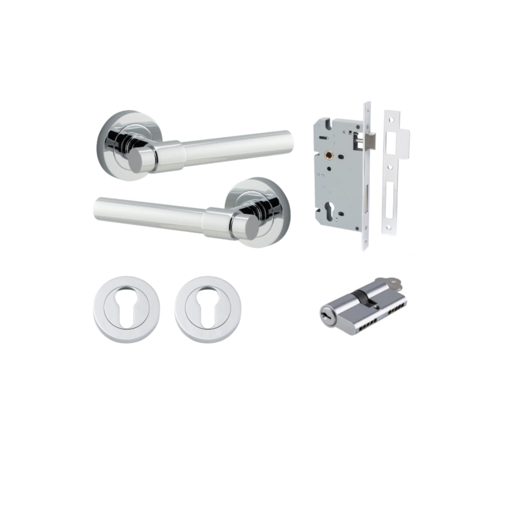 Door Lever Helsinki Round Rose Polished Chrome D52xP44mm Entrance Kit, Mortice Lock Euro Polished Chrome CTC85mm Backset 60mm, Euro Cylinder Dual Function 5 Pin Polished Chrome L65mm KA1, Escutcheon Euro Concealed Fix Round Pair Polished Chrome D5… in Polished Chrome