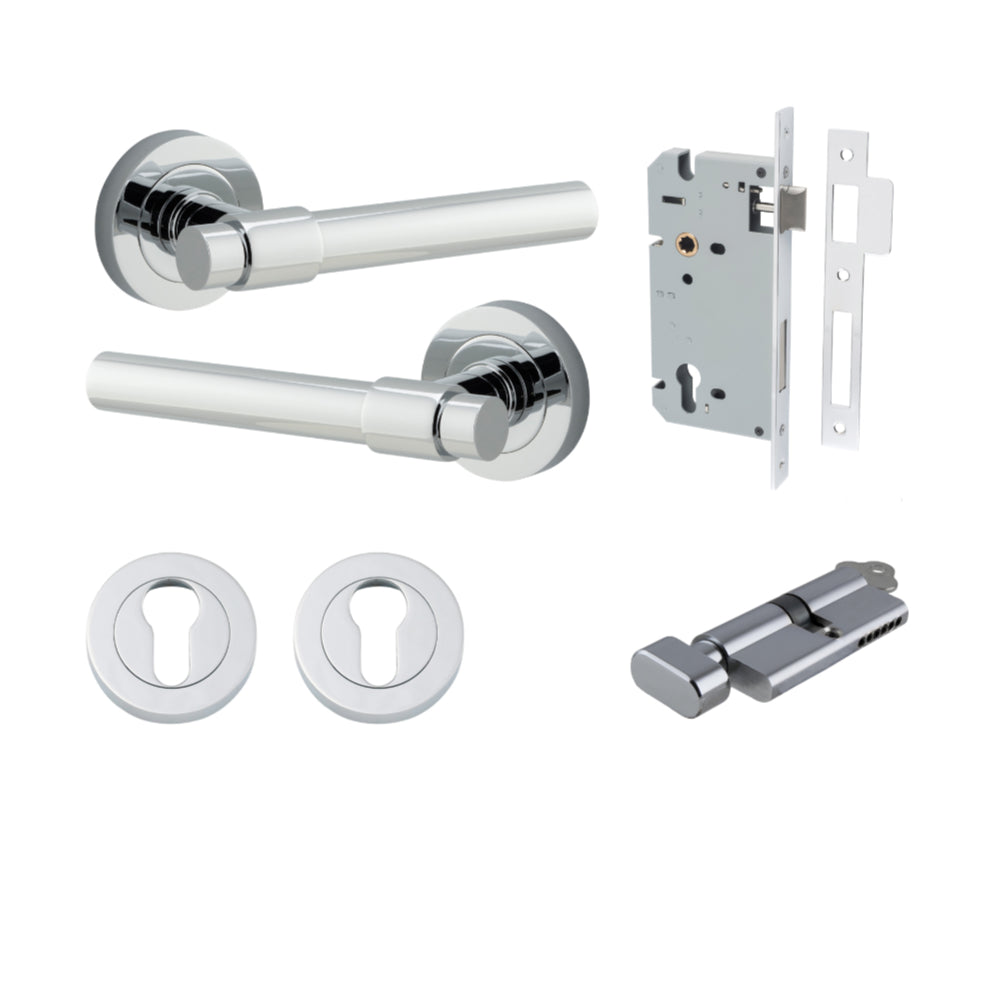Door Lever Helsinki Round Rose Polished Chrome D52xP44mm Entrance Kit, Mortice Lock Euro Polished Chrome CTC85mm Backset 60mm, Euro Cylinder Key Thumb 6 Pin Polished Chrome L70mm KA1, Escutcheon Euro Concealed Fix Round Pair Polished Chrome D52xP10mm in Polished Chrome