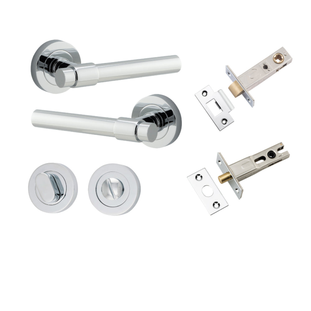 Door Lever Helsinki Round Rose Polished Chrome D52xP44mm Privacy Kit, Tube Latch Split Cam 'T' Striker Polished Chrome Backset 60mm, Privacy Bolt Round Bolt Polished Chrome Backset 60mm, Privacy Turn Oval Concealed Fix Round Polished Chrome D52xP23mm in Polished Chrome