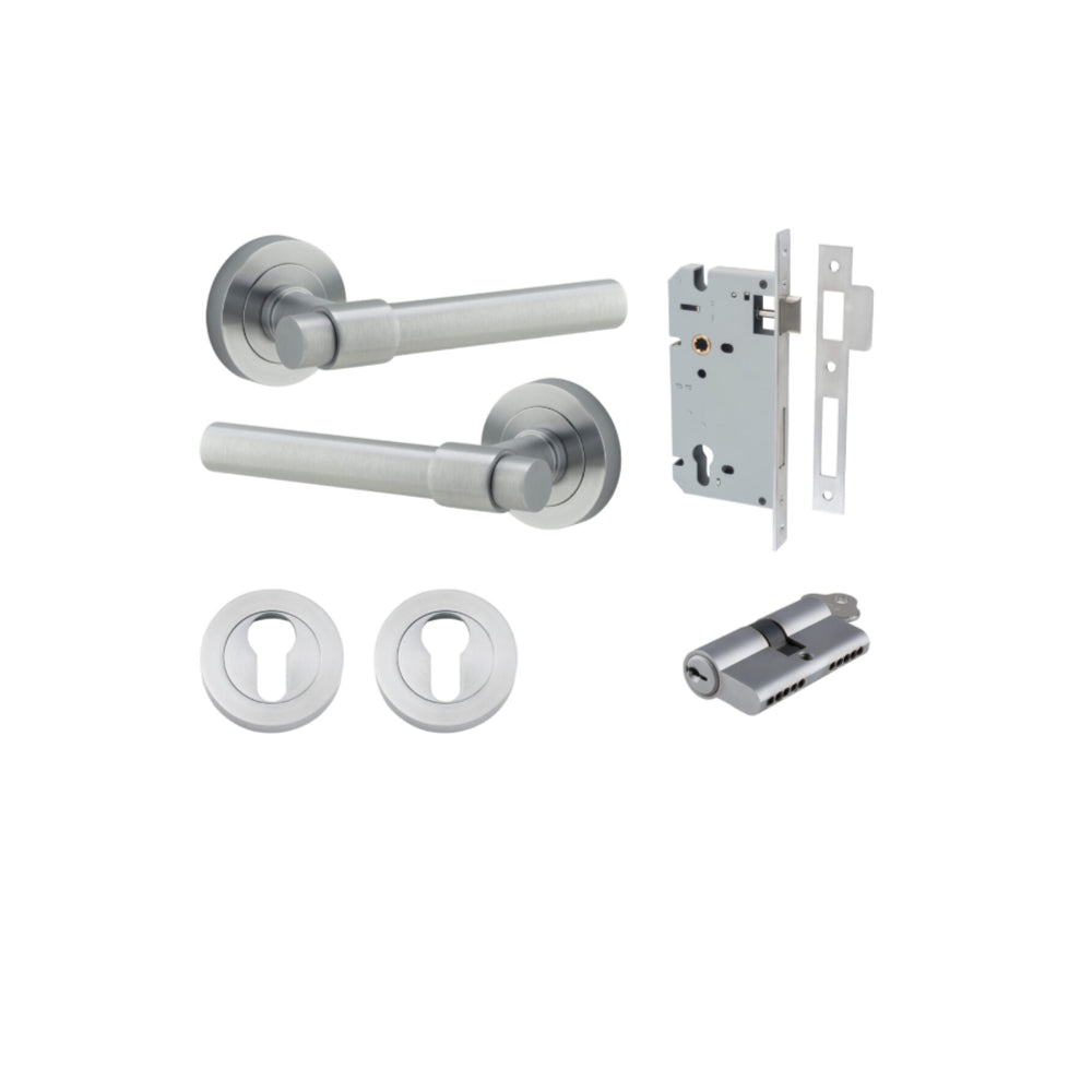 Door Lever Helsinki Round Rose Brushed Chrome D52xP44mm Entrance Kit, Mortice Lock Euro Brushed Chrome CTC85mm Backset 60mm, Euro Cylinder Dual Function 5 Pin Brushed Chrome L65mm KA1, Escutcheon Euro Concealed Fix Round Pair Brushed Chrome D52xP10mm in Brushed Chrome