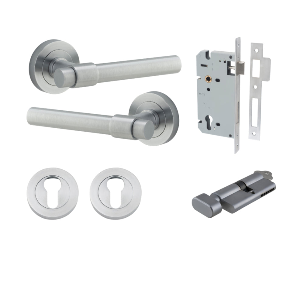 Door Lever Helsinki Round Rose Brushed Chrome D52xP44mm Entrance Kit, Mortice Lock Euro Brushed Chrome CTC85mm Backset 60mm, Euro Cylinder Key Thumb 6 Pin Brushed Chrome L70mm KA1, Escutcheon Euro Concealed Fix Round Pair Brushed Chrome D52xP10mm in Brushed Chrome