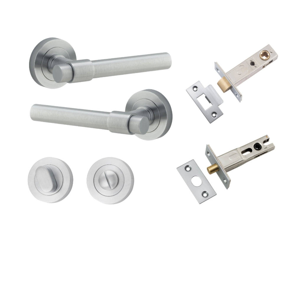 Door Lever Helsinki Round Rose Brushed Chrome D52xP44mm Privacy Kit, Tube Latch Split Cam 'T' Striker Brushed Chrome Backset 60mm, Privacy Bolt Round Bolt Brushed Chrome Backset 60mm, Privacy Turn Oval Concealed Fix Round Brushed Chrome D52xP23mm in Brushed Chrome
