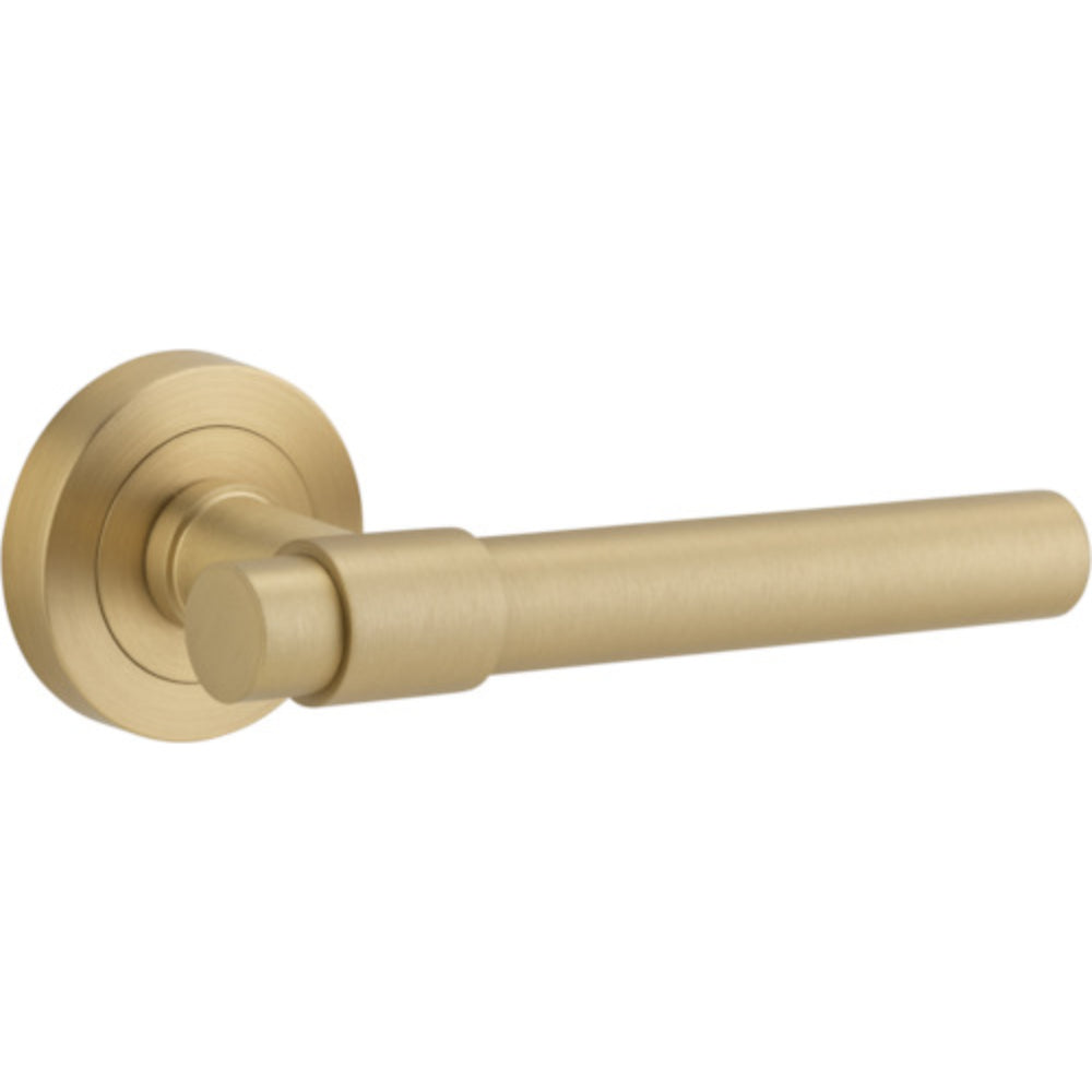 Door Lever Helsinki Round Rose Brushed Brass D52xP44mm
(Latch/Lock Sold Separately) in Brushed Brass