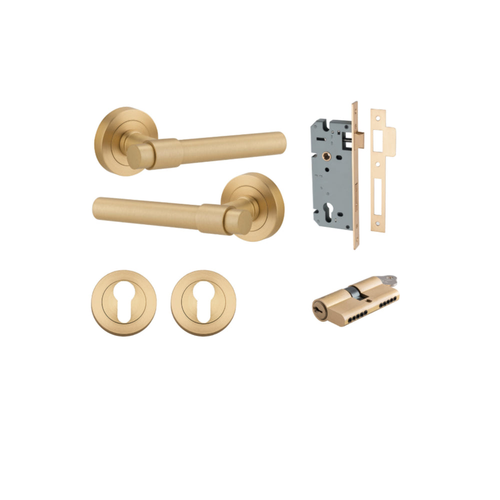 Door Lever Helsinki Round Rose Brushed Brass D52xP44mm Entrance Kit, Mortice Lock Euro Brushed Brass CTC85mm Backset 60mm, Euro Cylinder Dual Function 5 Pin Brushed Brass L65mm KA1, Escutcheon Euro Concealed Fix Round Pair Brushed Brass D52xP10mm in Brushed Brass