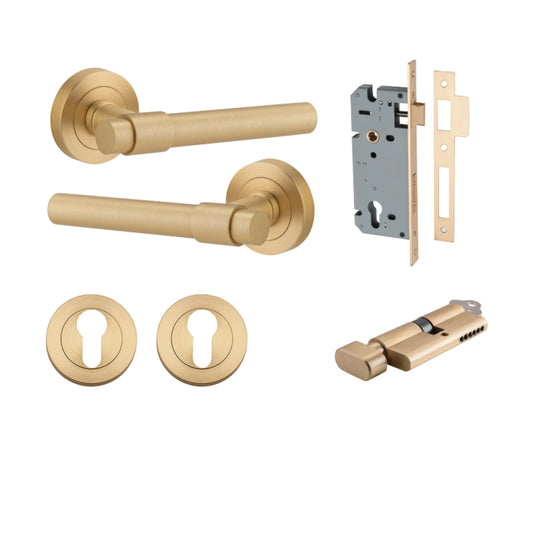 Door Lever Helsinki Round Rose Brushed Brass D52xP44mm Entrance Kit, Mortice Lock Euro Brushed Brass CTC85mm Backset 60mm, Euro Cylinder Key Thumb 6 Pin Brushed Brass L70mm  
 KA1, Escutcheon Euro Concealed Fix Round Pair Brushed Brass D52xP10mm in Brush