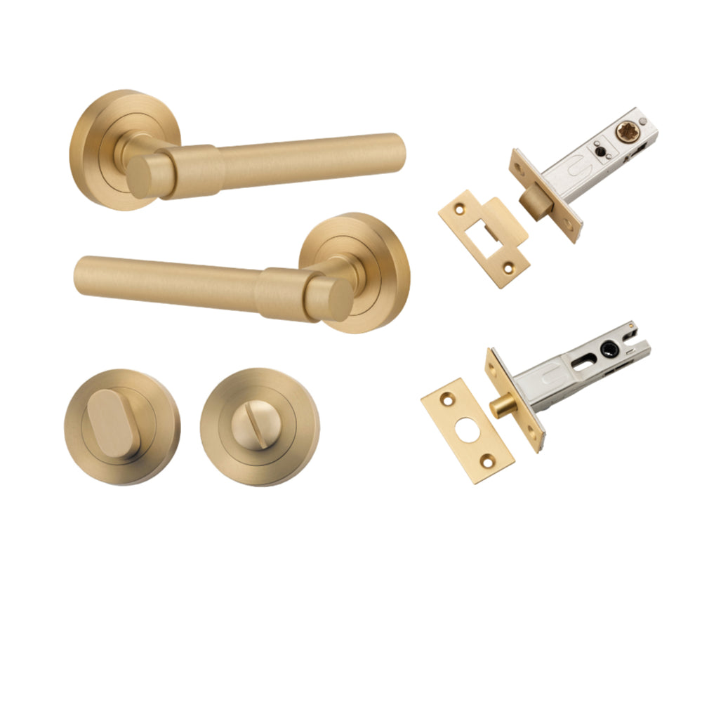 Door Lever Helsinki Round Rose Brushed Brass D52xP44mm Privacy Kit, Tube Latch Split Cam 'T' Striker Brushed Brass Backset 60mm, Privacy Bolt Round Bolt Brushed Brass Backset 60mm, Privacy Turn Oval Concealed Fix Round Brushed Brass D52xP23mm in Brushed Brass