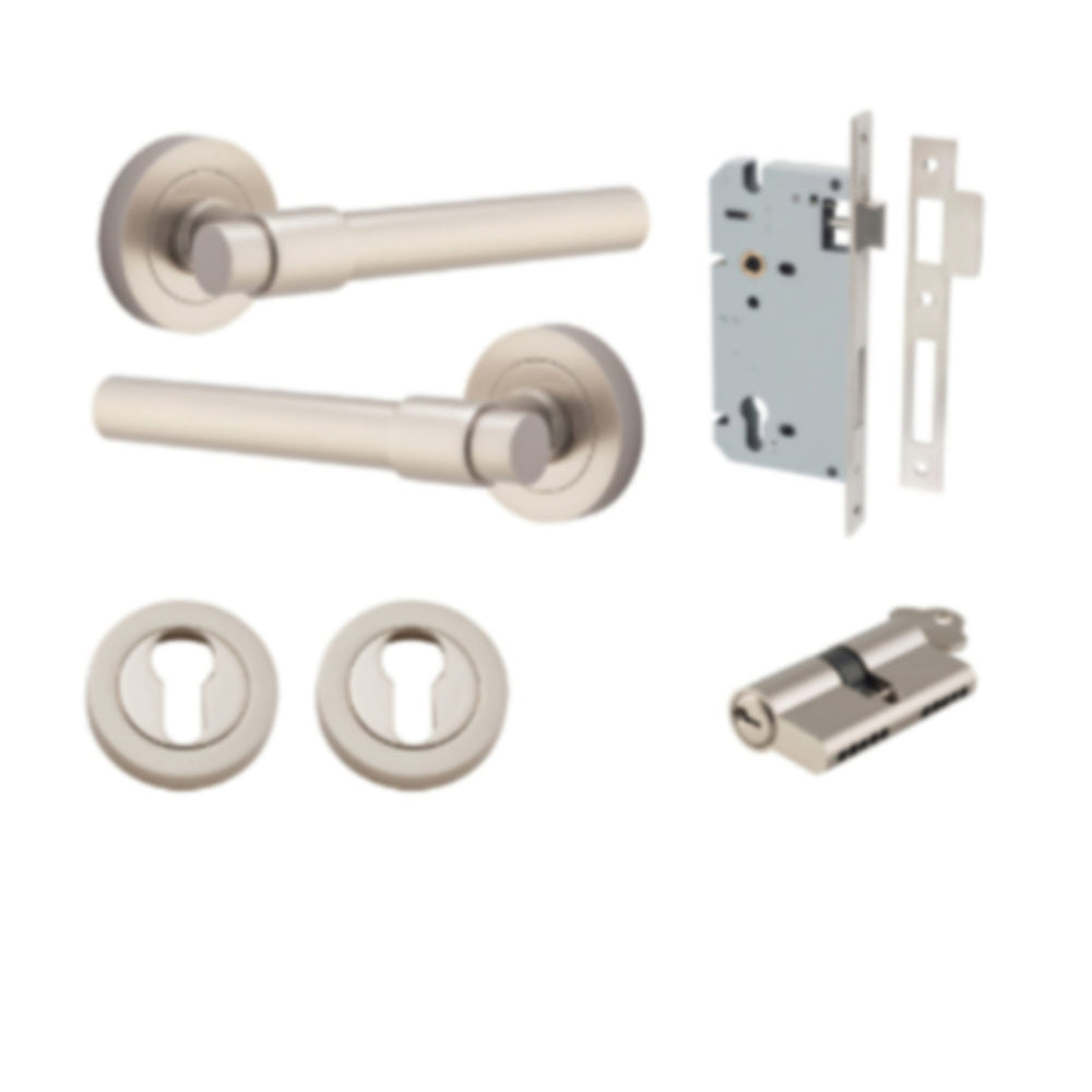 Door Lever Helsinki Round Rose Satin Nickel D52xP44mm Entrance Kit, Mortice Lock Euro Satin Nickel CTC85mm Backset 60mm, Euro Cylinder Dual Function 5 Pin Satin Nickel L65mm KA1, Escutcheon Euro Concealed Fix Round Pair Satin Nickel D52xP10mm in Satin Nickel