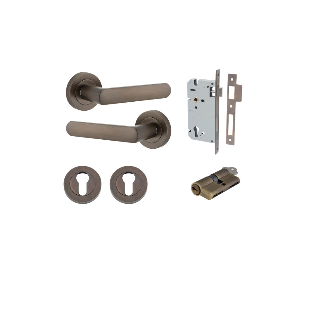 Door Lever Osaka Round Rose Signature Brass D52xP55mm Entrance Kit, Mortice Lock Euro Signature Brass CTC85mm Backset 60mm, Euro Cylinder Dual Function 5 Pin Signature Brass L65mm KA1, Escutcheon Euro Concealed Fix Round Pair Signature Brass D52xP1… in Signature Brass