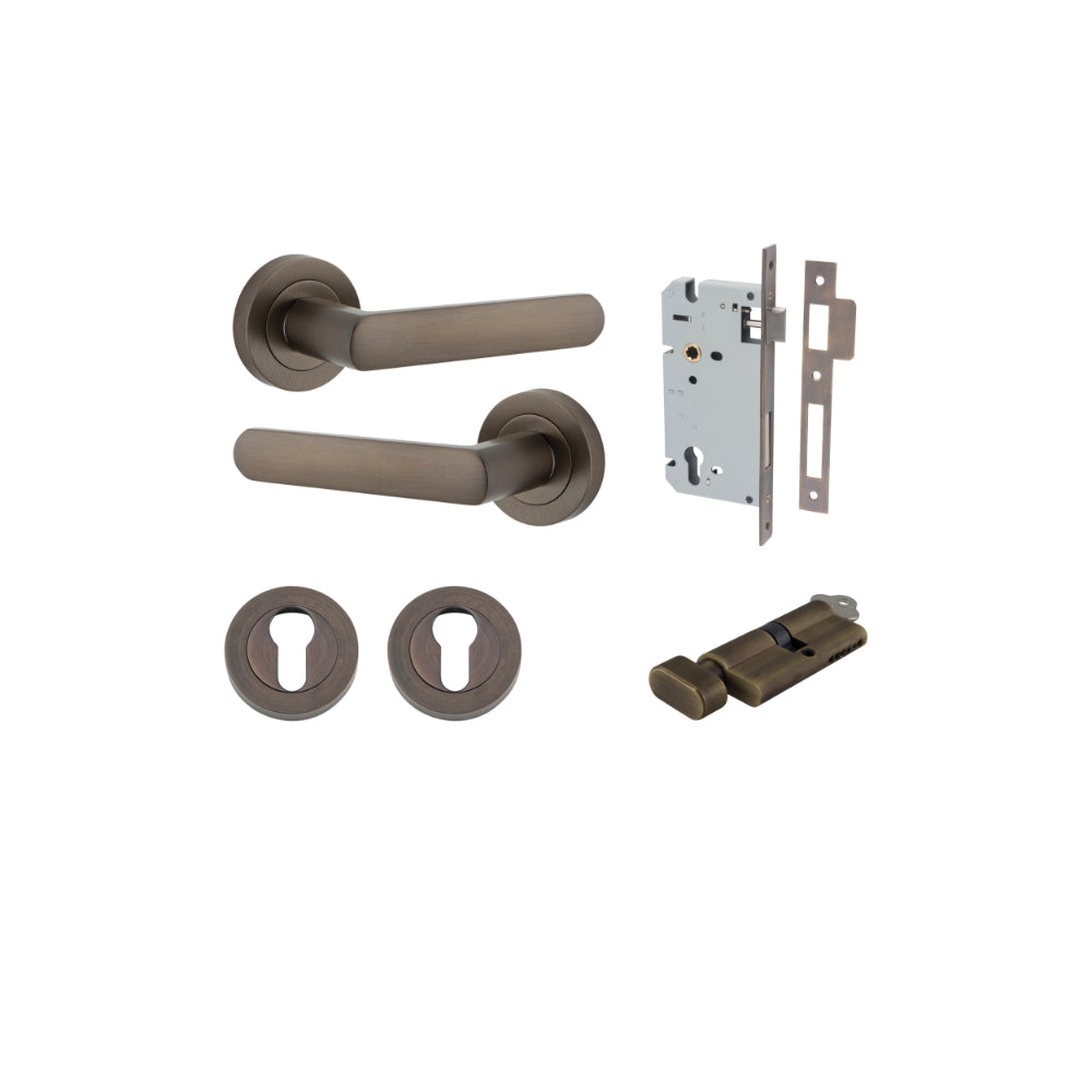 Door Lever Osaka Round Rose Signature Brass D52xP55mm Entrance Kit, Mortice Lock Euro Signature Brass CTC85mm Backset 60mm, Euro Cylinder Key Thumb 6 Pin Signature Brass L70mm KA1, Escutcheon Euro Concealed Fix Round Pair Signature Brass D52xP10mm in Signature Brass