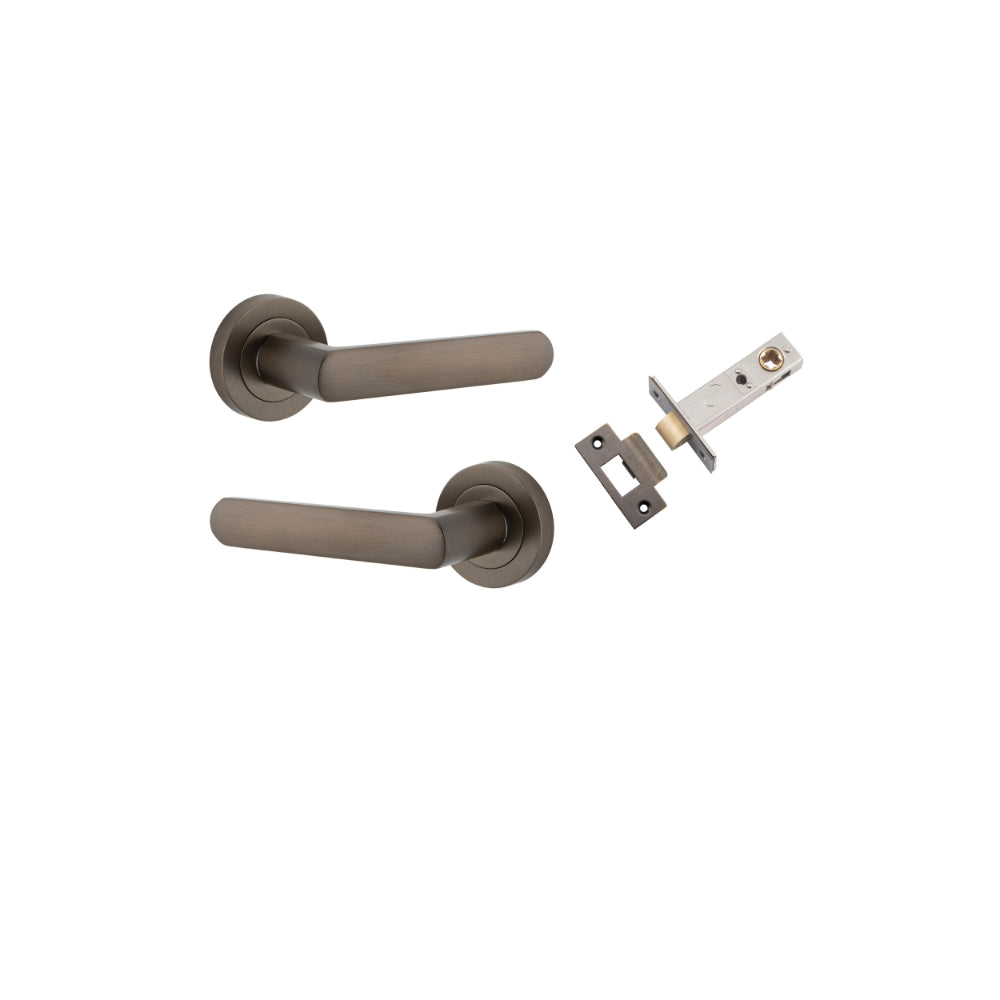 Door Lever Osaka Round Rose Signature Brass D52xP55mm Passage Kit, Tube Latch Split Cam 'T' Striker Signature Brass Backset 60mm in Signature Brass