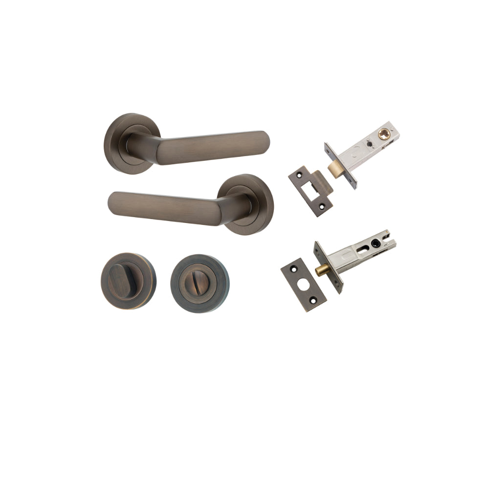 Door Lever Osaka Round Rose Signature Brass D52xP55mm Privacy Kit, Tube Latch Split Cam 'T' Striker Signature Brass Backset 60mm, Privacy Bolt Round Bolt Signature Brass Backset 60mm, Privacy Turn Oval Concealed Fix Round Signature Brass D52xP23mm in Signature Brass
