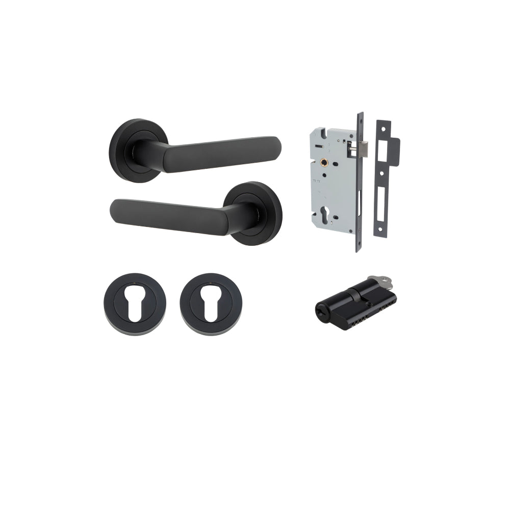 Door Lever Osaka Round Rose Matt Black D52xP55mm Entrance Kit, Mortice Lock Euro Matt Black CTC85mm Backset 60mm, Euro Cylinder Dual Function 5 Pin Matt Black L65mm KA1, Escutcheon Euro Concealed Fix Round Pair Matt Black D52xP10mm in Matt Black