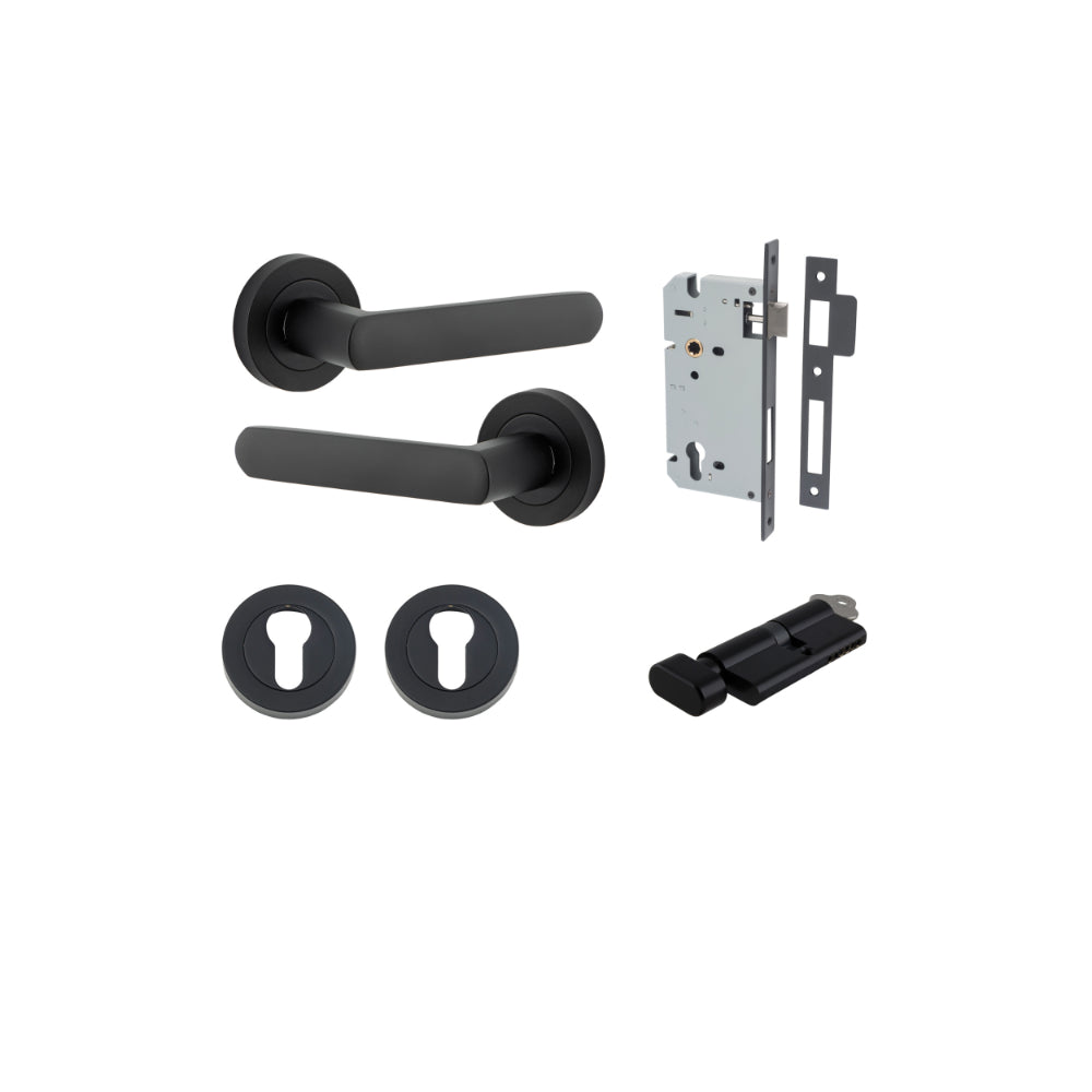 Door Lever Osaka Round Rose Matt Black D52xP55mm Entrance Kit, Mortice Lock Euro Matt Black CTC85mm Backset 60mm, Euro Cylinder Key Thumb 6 Pin Matt Black L70mm KA1, Escutcheon Euro Concealed Fix Round Pair Matt Black D52xP10mm in Matt Black