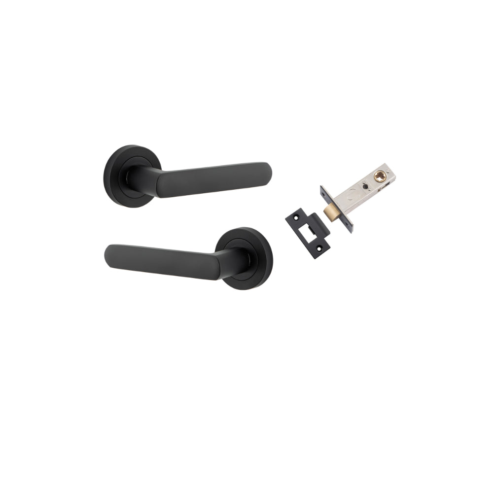 Door Lever Osaka Round Rose Matt Black D52xP55mm Passage Kit, Tube Latch Split Cam 'T' Striker Matt Black Backset 60mm in Matt Black