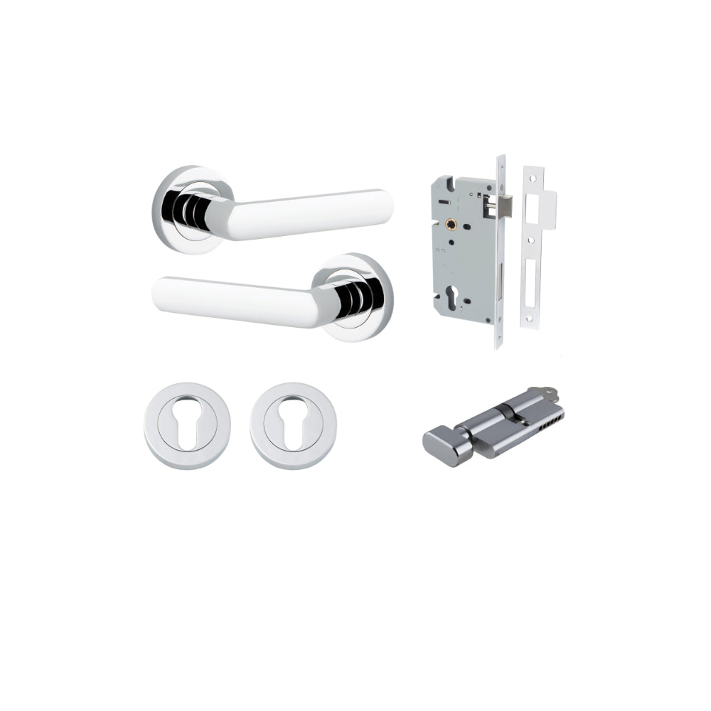 Door Lever Osaka Round Rose Polished Chrome D52xP55mm Entrance Kit, Mortice Lock Euro Polished Chrome CTC85mm Backset 60mm, Euro Cylinder Key Thumb 6 Pin Polished Chrome L70mm KA1, Escutcheon Euro Concealed Fix Round Pair Polished Chrome D52xP10mm in Polished Chrome