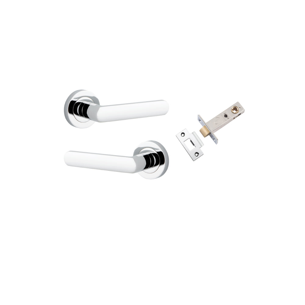 Door Lever Osaka Round Rose Polished Chrome D52xP55mm Passage Kit, Tube Latch Split Cam 'T' Striker Polished Chrome Backset 60mm in Polished Chrome