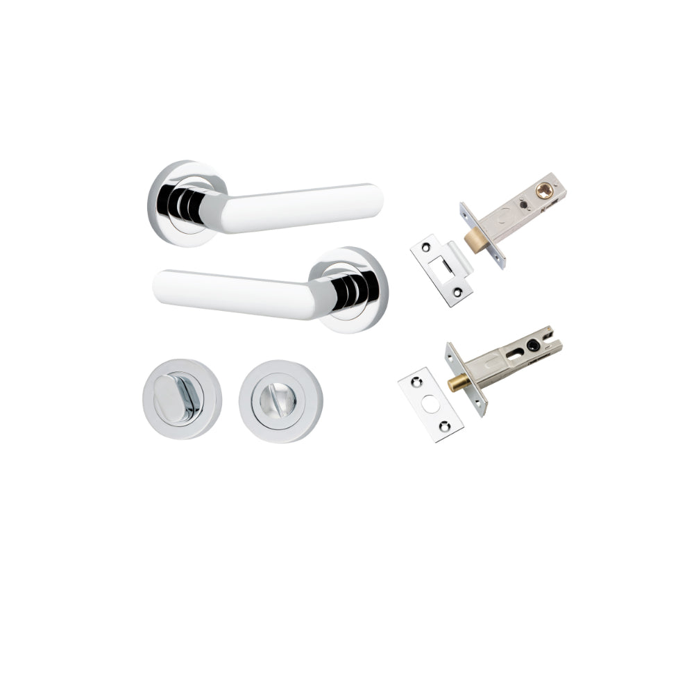 Door Lever Osaka Round Rose Polished Chrome D52xP55mm Privacy Kit, Tube Latch Split Cam 'T' Striker Polished Chrome Backset 60mm, Privacy Bolt Round Bolt Polished Chrome Backset 60mm, Privacy Turn Oval Concealed Fix Round Polished Chrome D52xP23mm in Polished Chrome