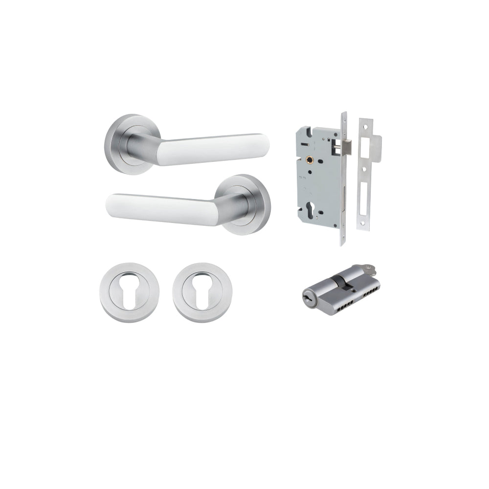 Door Lever Osaka Round Rose Brushed Chrome D52xP55mm Entrance Kit, Mortice Lock Euro Brushed Chrome CTC85mm Backset 60mm, Euro Cylinder Dual Function 5 Pin Brushed Chrome L65mm KA1, Escutcheon Euro Concealed Fix Round Pair Brushed Chrome D52xP10mm in Brushed Chrome