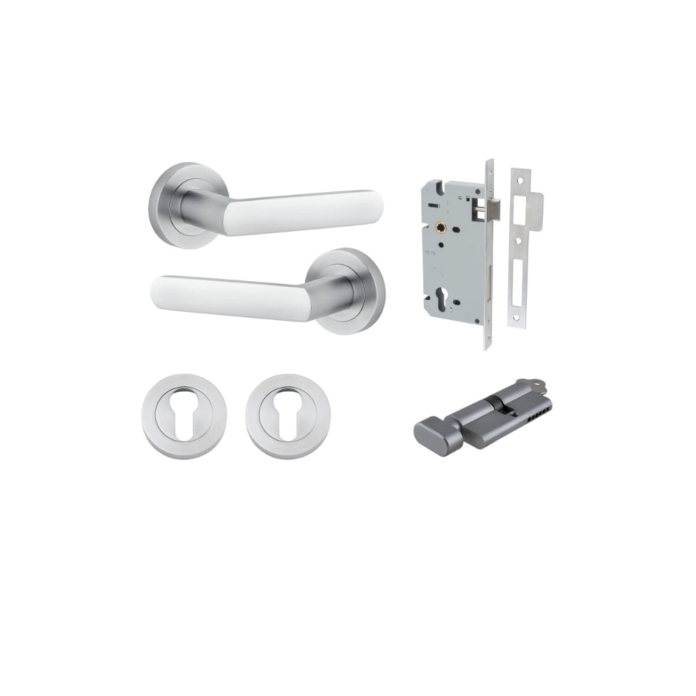 Door Lever Osaka Round Rose Brushed Chrome D52xP55mm Entrance Kit, Mortice Lock Euro Brushed Chrome CTC85mm Backset 60mm, Euro Cylinder Key Thumb 6 Pin Brushed Chrome L70mm KA1, Escutcheon Euro Concealed Fix Round Pair Brushed Chrome D52xP10mm in Brushed Chrome