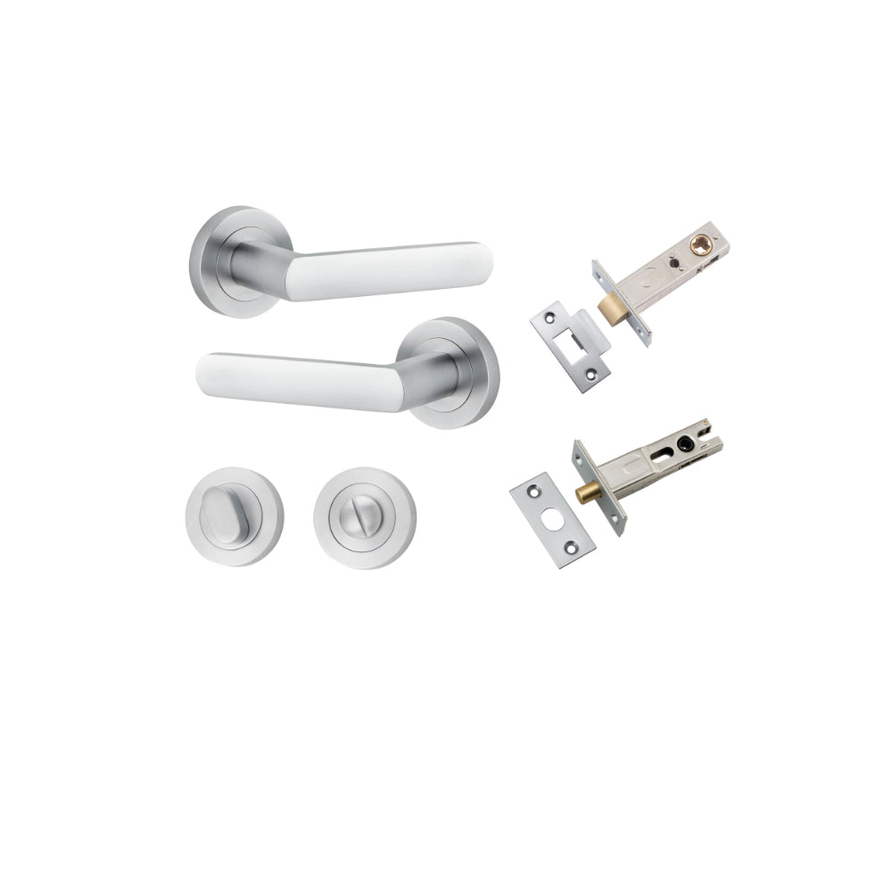 Door Lever Osaka Round Rose Brushed Chrome D52xP55mm Privacy Kit, Tube Latch Split Cam 'T' Striker Brushed Chrome Backset 60mm, Privacy Bolt Round Bolt Brushed Chrome Backset 60mm, Privacy Turn Oval Concealed Fix Round Brushed Chrome D52xP23mm in Brushed Chrome