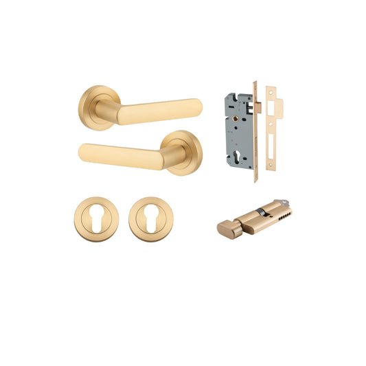 Door Lever Osaka Round Rose Brushed Brass D52xP55mm Entrance Kit, Mortice Lock Euro Brushed Brass CTC85mm Backset 60mm, Euro Cylinder Key Thumb 6 Pin Brushed Brass L70mm  
 KA1, Escutcheon Euro Concealed Fix Round Pair Brushed Brass D52xP10mm in Brushed