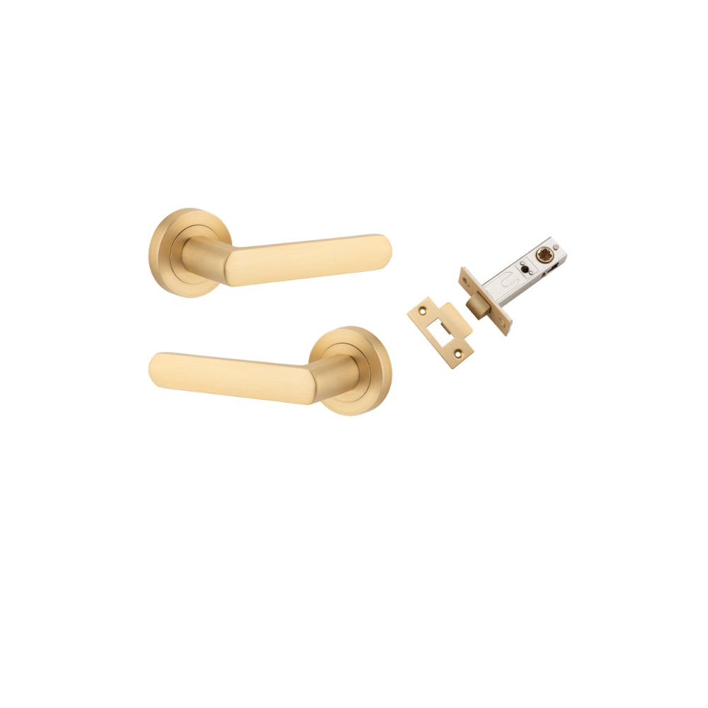 Door Lever Osaka Round Rose Brushed Brass D52xP55mm Passage Kit, Tube Latch Split Cam 'T' Striker Brushed Brass Backset 60mm in Brushed Brass