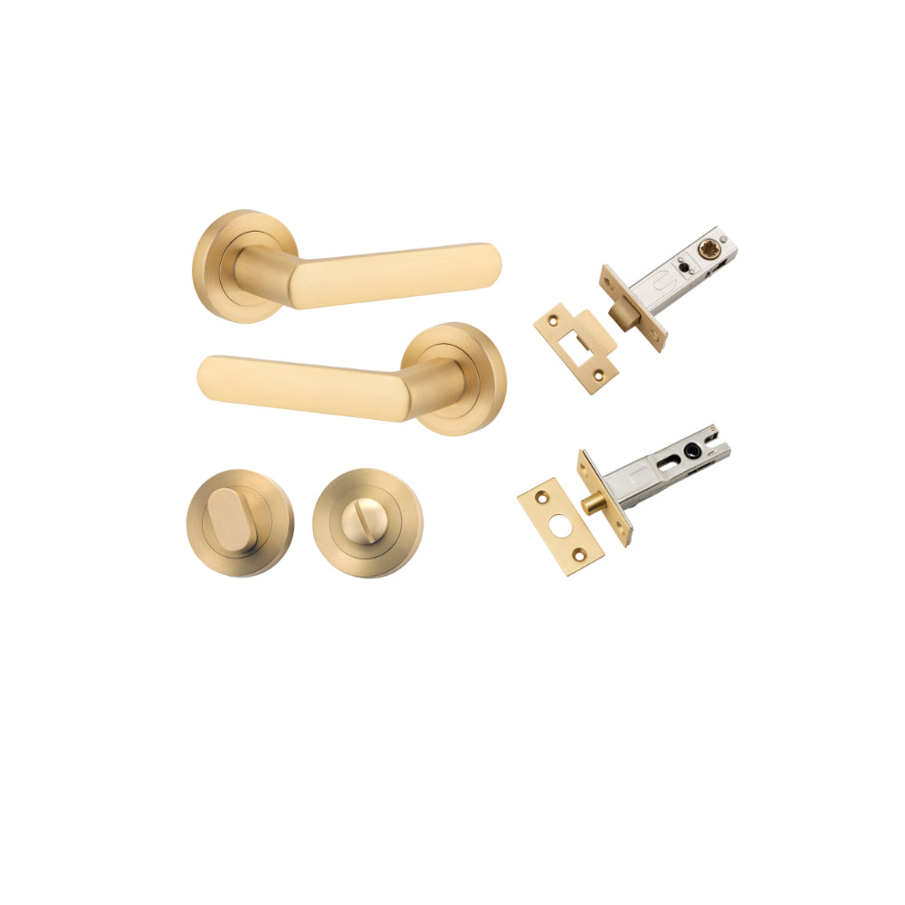 Door Lever Osaka Round Rose Brushed Brass D52xP55mm Privacy Kit, Tube Latch Split Cam 'T' Striker Brushed Brass Backset 60mm, Privacy Bolt Round Bolt Brushed Brass Backset 60mm, Privacy Turn Oval Concealed Fix Round Brushed Brass D52xP23mm in Brushed Brass