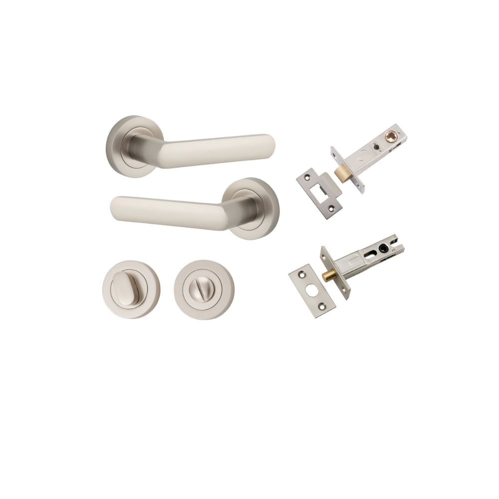 Door Lever Osaka Round Rose Satin Nickel D52xP55mm Privacy Kit, Tube Latch Split Cam 'T' Striker Satin Nickel Backset 60mm, Privacy Bolt Round Bolt Satin Nickel Backset 60mm, Privacy Turn Oval Concealed Fix Round Satin Nickel D52xP23mm in Satin Nickel