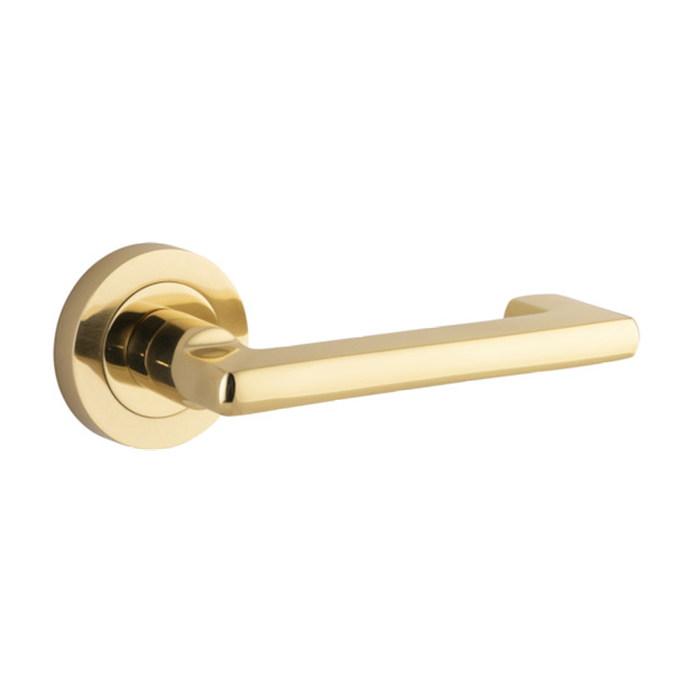Door Lever Baltimore Return Rose Round Concealed Fix Right Hand Fixed Polished Brass L128xP57mm BPD52mm in Polished Brass
