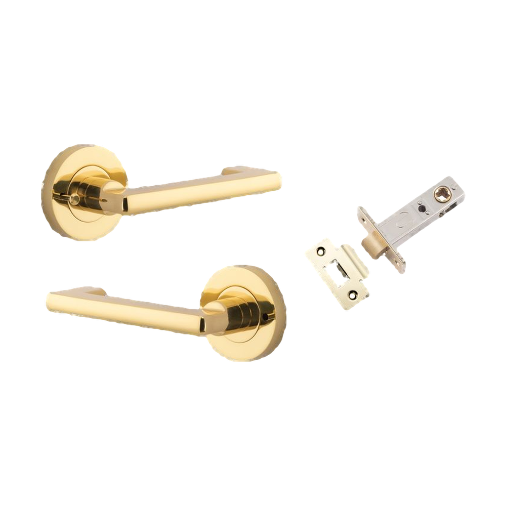 Door Lever Baltimore Return Round Rose Inbuilt Privacy Pair Polished Brass D58xP58mm with Tube Latch Privacy with Faceplate & T Striker Backset 60mm in Polished Brass