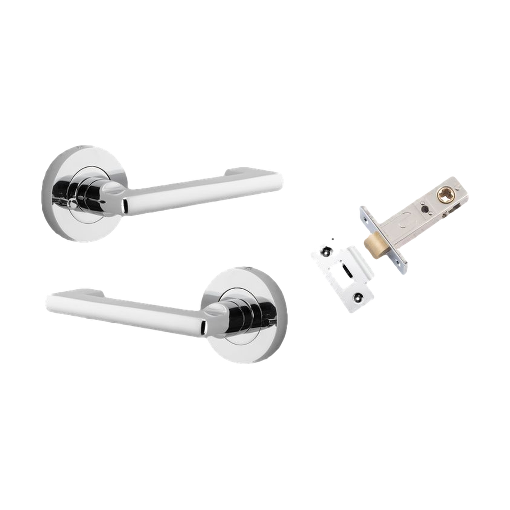Door Lever Baltimore Return Round Rose Inbuilt Privacy Pair Polished Chrome D58xP58mm with Tube Latch Privacy with Faceplate & T Striker Backset 60mm in Polished Chrome