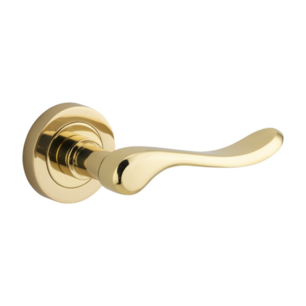 Door Lever Stirling Round Rose Polished Brass D52xP64mm
(Latch/Lock Sold Separately) in Polished Brass