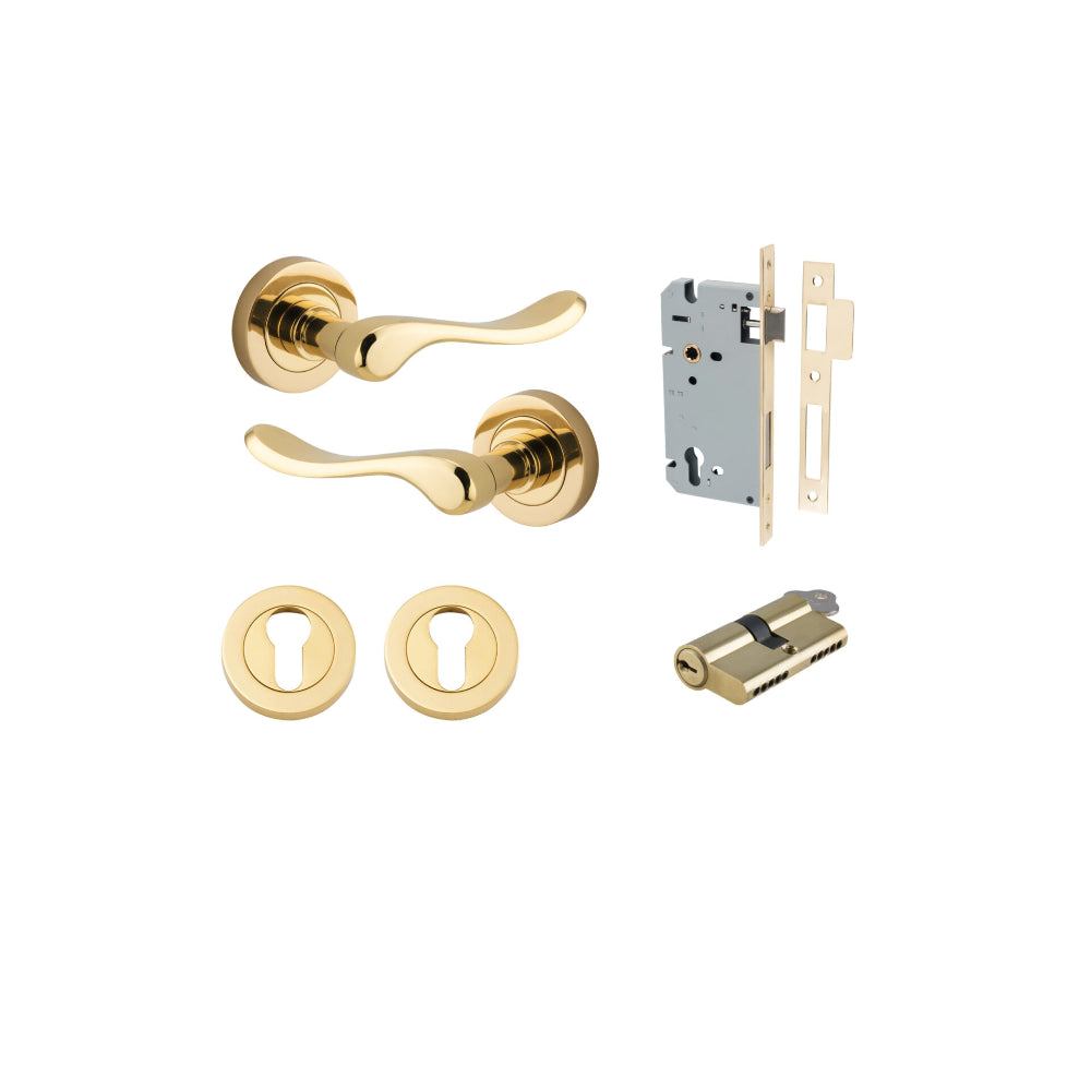 Door Lever Stirling Round Rose Polished Brass D52xP64mm Entrance Kit, Mortice Lock Euro Polished Brass CTC85mm Backset 60mm, Euro Cylinder Dual Function 5 Pin Polished Brass L65mm KA1, Escutcheon Euro Concealed Fix Round Pair Polished Brass D52xP10mm in Polished Brass
