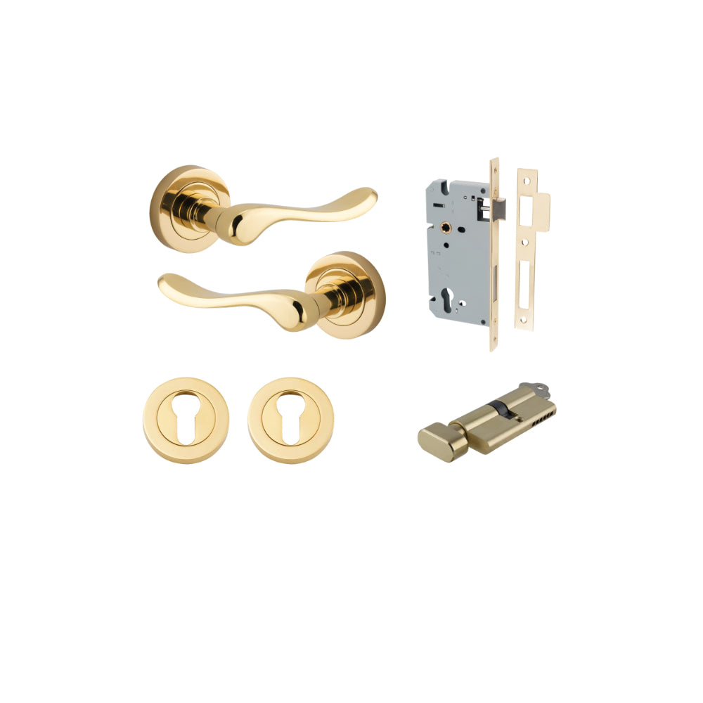 Door Lever Stirling Round Rose Polished Brass D52xP64mm Entrance Kit, Mortice Lock Euro Polished Brass CTC85mm Backset 60mm, Euro Cylinder Key Thumb 6 Pin Polished Brass L70mm KA1, Escutcheon Euro Concealed Fix Round Pair Polished Brass D52xP10mm in Polished Brass