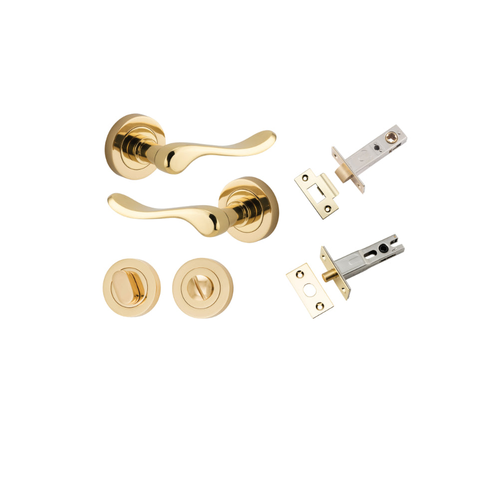 Door Lever Stirling Round Rose Polished Brass D52xP64mm Privacy Kit, Tube Latch Split Cam 'T' Striker Polished Brass Backset 60mm, Privacy Bolt Round Bolt Polished Brass Backset 60mm, Privacy Turn Oval Concealed Fix Round Polished Brass D52xP23mm in Polished Brass