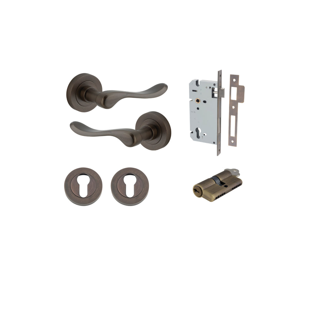Door Lever Stirling Round Rose Signature Brass D52xP64mm Entrance Kit, Mortice Lock Euro Signature Brass CTC85mm Backset 60mm, Euro Cylinder Dual Function 5 Pin Signature Brass L65mm KA1, Escutcheon Euro Concealed Fix Round Pair Signature Brass D52… in Signature Brass