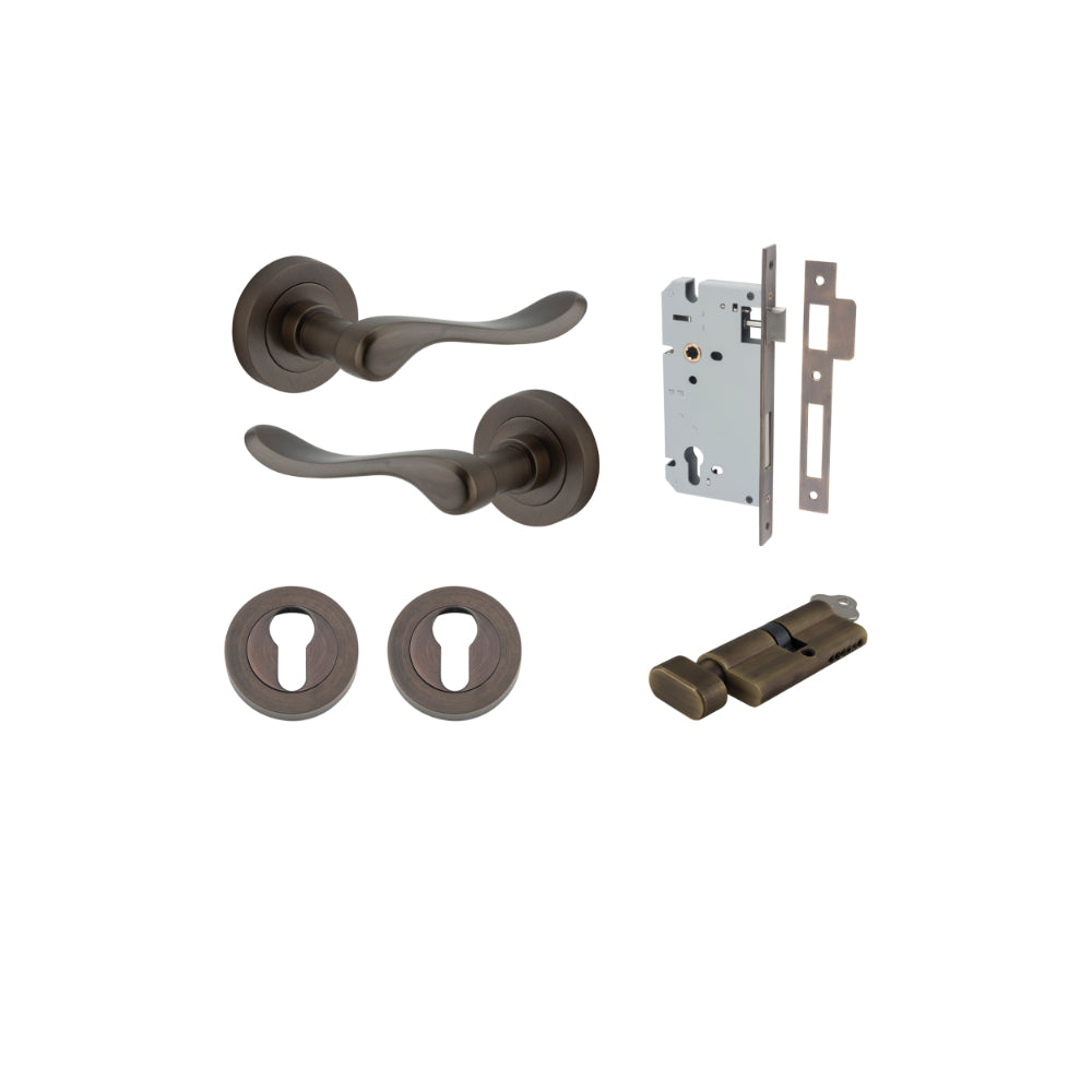 Door Lever Stirling Round Rose Signature Brass D52xP64mm Entrance Kit, Mortice Lock Euro Signature Brass CTC85mm Backset 60mm, Euro Cylinder Key Thumb 6 Pin Signature Brass L70mm KA1, Escutcheon Euro Concealed Fix Round Pair Signature Brass D52xP10mm in Signature Brass