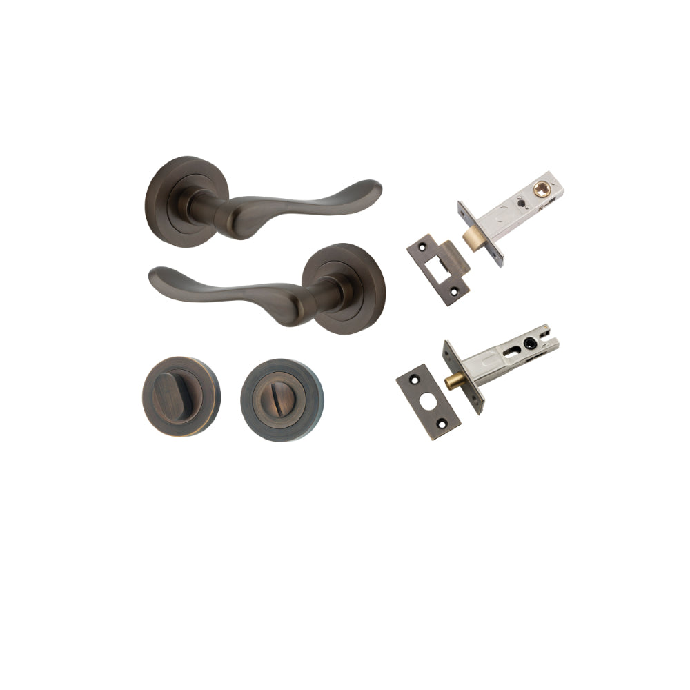 Door Lever Stirling Round Rose Signature Brass D52xP64mm Privacy Kit, Tube Latch Split Cam 'T' Striker Signature Brass Backset 60mm, Privacy Bolt Round Bolt Signature Brass Backset 60mm, Privacy Turn Oval Concealed Fix Round Signature Brass D52xP23mm in Signature Brass