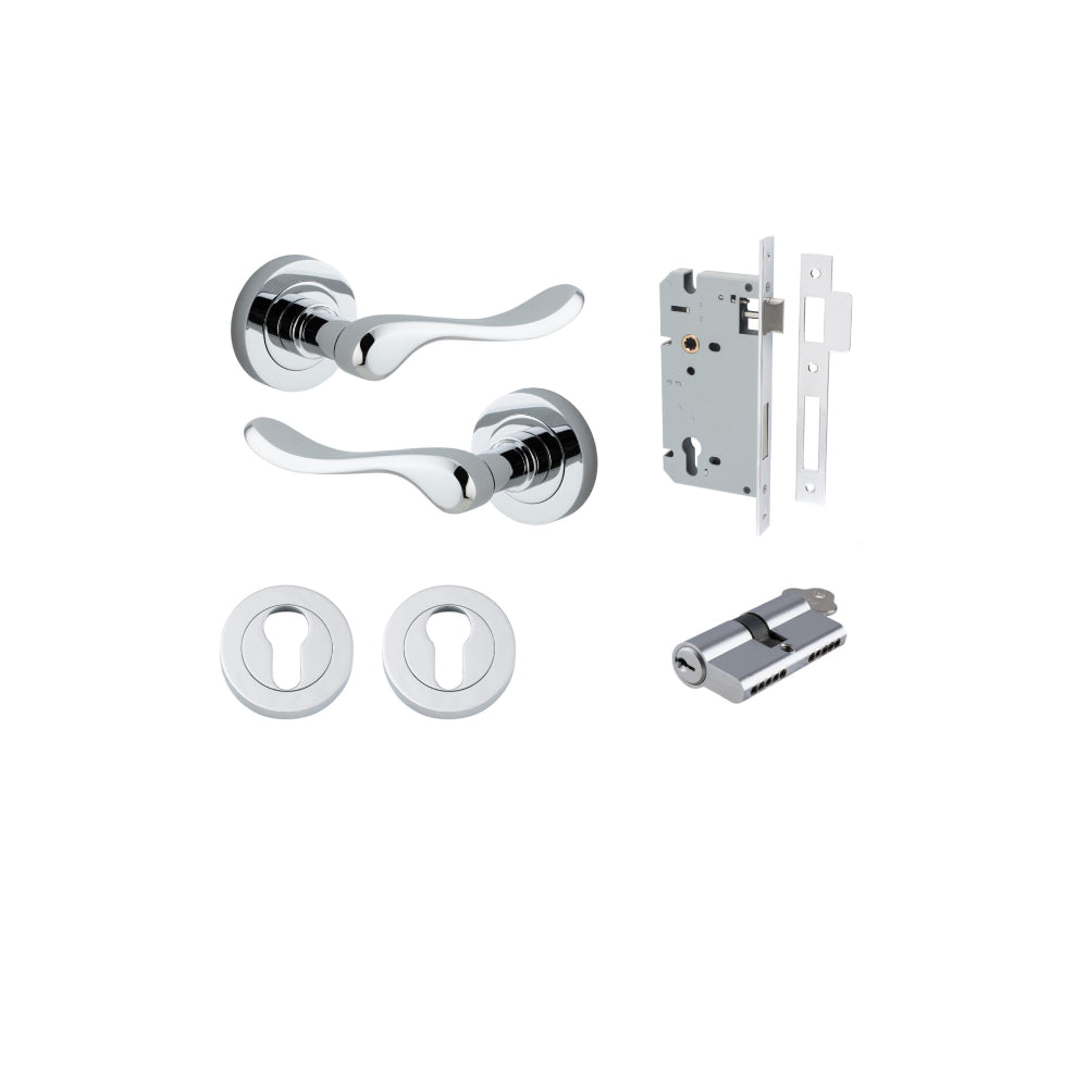 Door Lever Stirling Round Rose Polished Chrome D52xP64mm Entrance Kit, Mortice Lock Euro Polished Chrome CTC85mm Backset 60mm, Euro Cylinder Dual Function 5 Pin Polished Chrome L65mm KA1, Escutcheon Euro Concealed Fix Round Pair Polished Chrome D5… in Polished Chrome