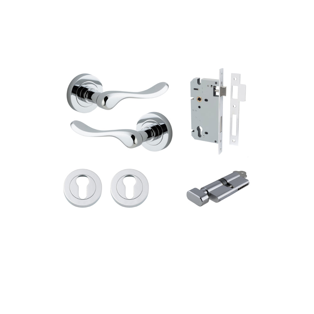Door Lever Stirling Round Rose Polished Chrome D52xP64mm Entrance Kit, Mortice Lock Euro Polished Chrome CTC85mm Backset 60mm, Euro Cylinder Key Thumb 6 Pin Polished Chrome L70mm KA1, Escutcheon Euro Concealed Fix Round Pair Polished Chrome D52xP10mm in Polished Chrome