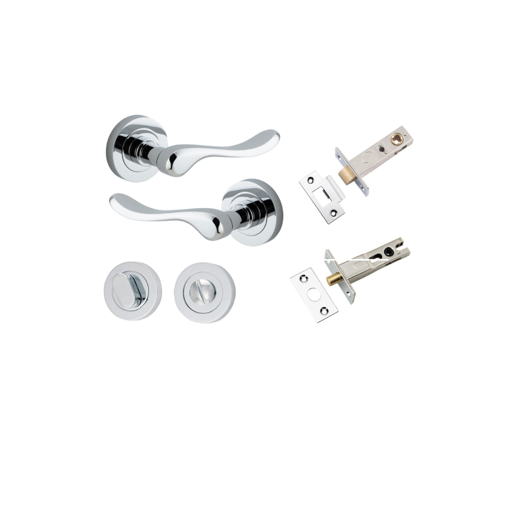 Door Lever Stirling Round Rose Polished Chrome D52xP64mm Privacy Kit, Tube Latch Split Cam 'T' Striker Polished Chrome Backset 60mm, Privacy Bolt Round Bolt Polished Chrome Backset 60mm, Privacy Turn Oval Concealed Fix Round Polished Chrome D52xP23mm in Polished Chrome